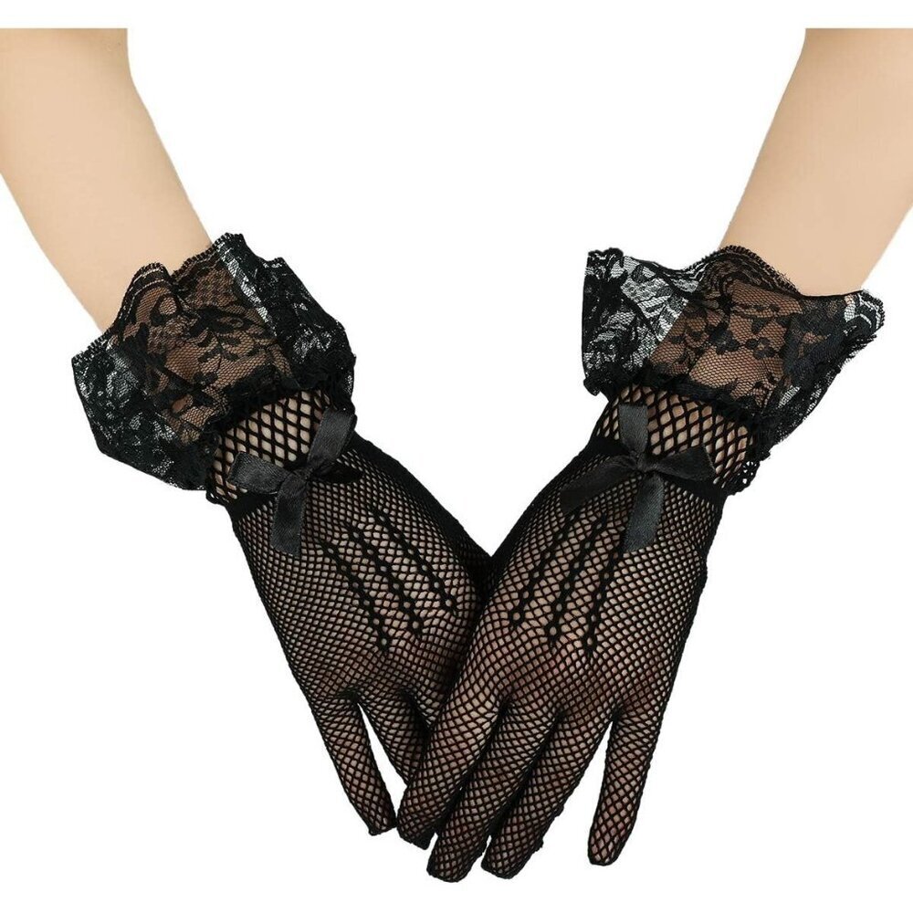 Women's B-Black Bow Lace Elegant Wrist Gloves Ruffle Bridal Wedding Party Prom